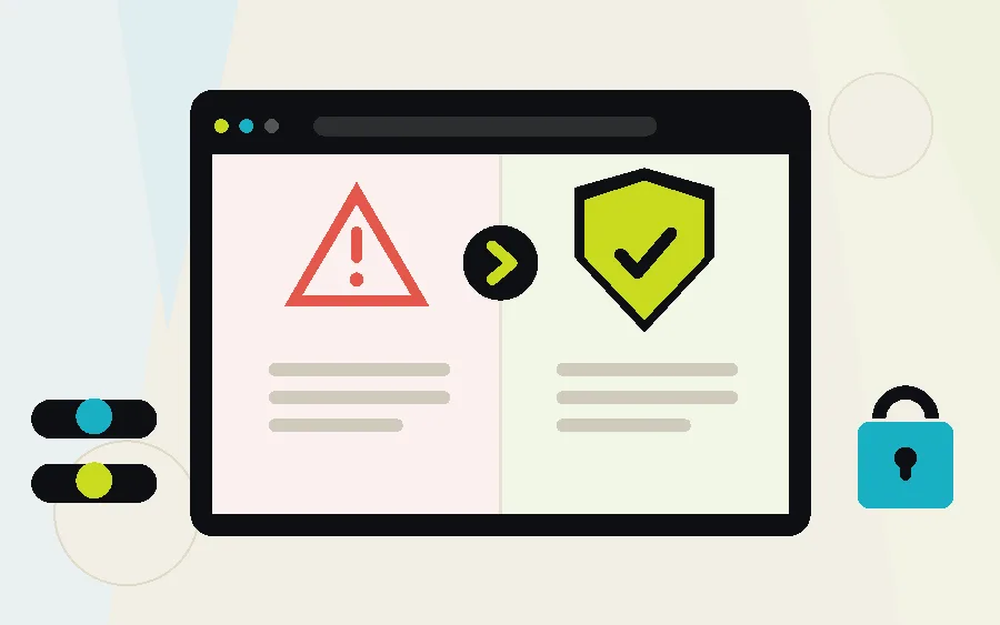 Illustration : une interface d’administration WordPress avec un avertissement rouge du navigateur, à côté un dossier wp-content ouvert contenant un fichier PHP étranger et un trousseau de clés figurant le renouvellement des accès