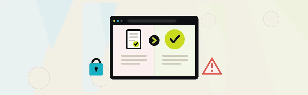Illustration: a browser window with a document and a tick in the middle — the question of whether a cookie notice is needed at all.