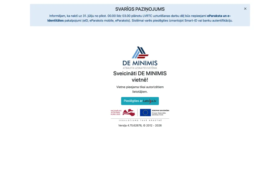 Finanšu ministrijas de minimis sistēma — valsts reģistrs, vietnes ekrānšāviņš